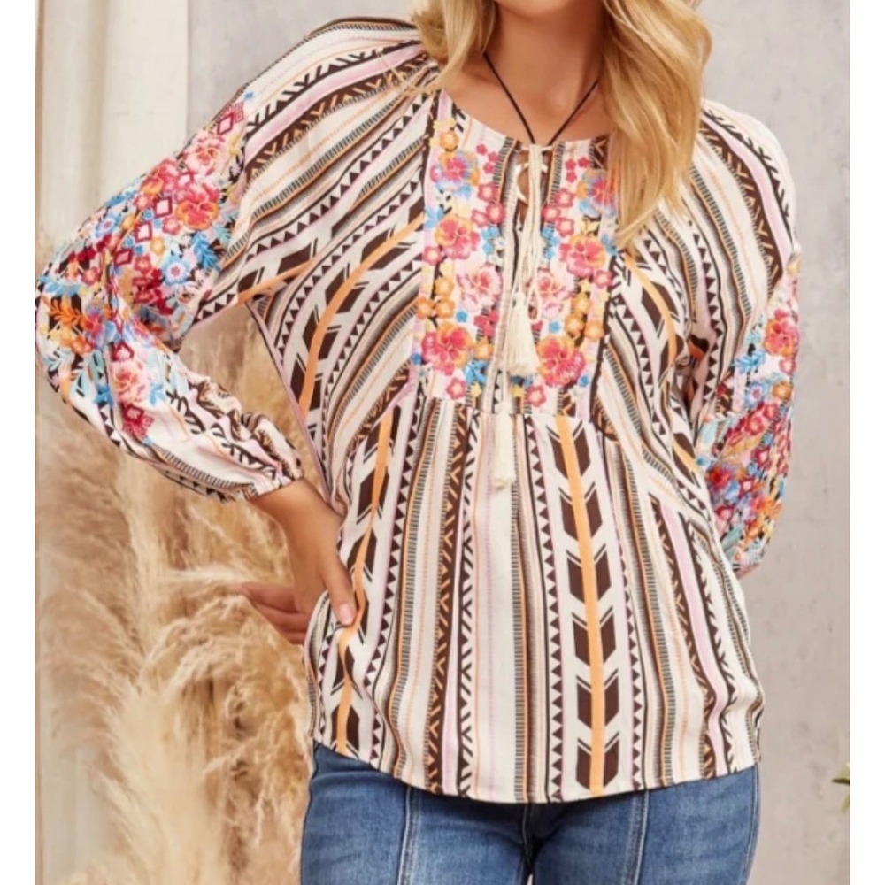 Savanna Jane Womens Boho Embroidered Top S Long Sleeve Floral Western Festival